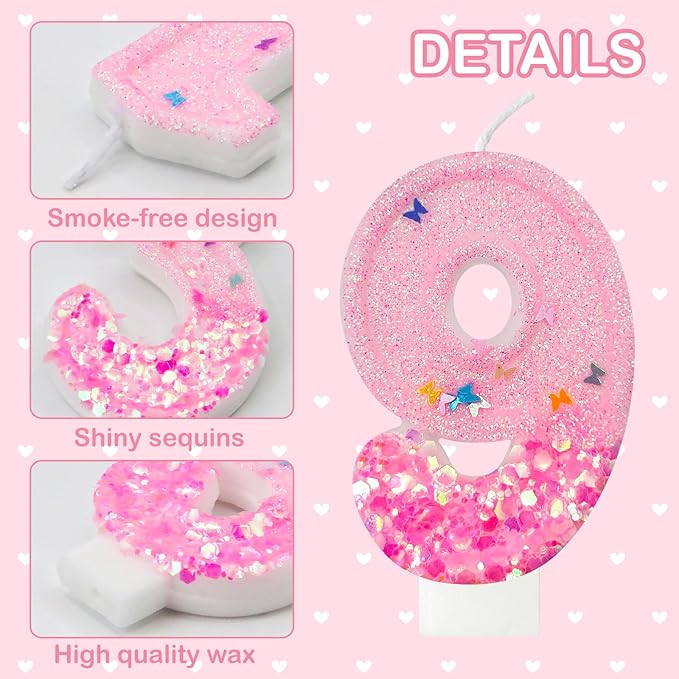 Pink Sequin Birthday Candles, Cake Number Candles, Girls 0th Birthday Decorations, Suitable for Birthday Parties, Anniversary Party Decorations(9)