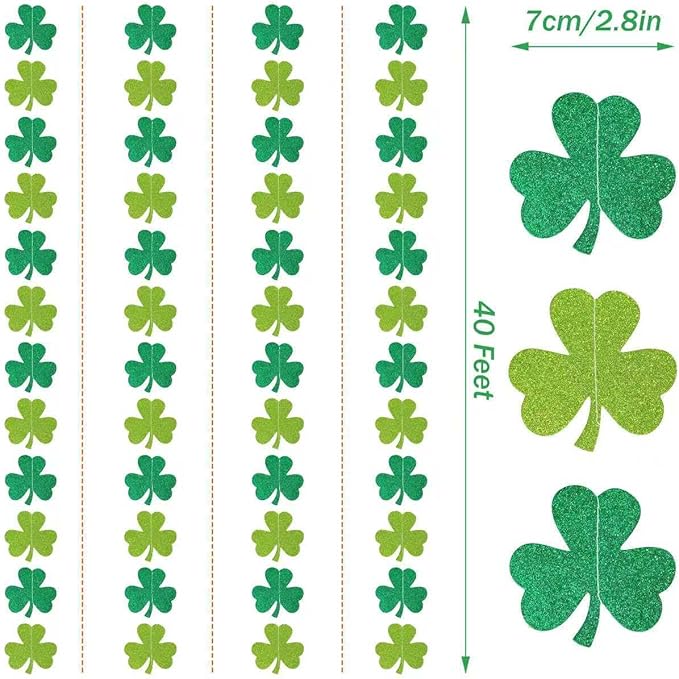 40Ft Glitter Shamrock Clover Garland St. Patrick's Day Decor Light Dark Green Hanging Streamer for Irish Lucky Spring Party Home Office Decor Supplies