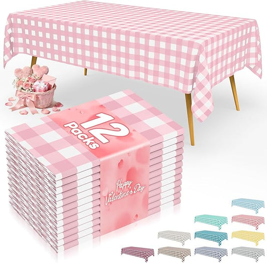 Smiry 12 Packs Gingham Disposable Table Cloth, 54 x 108 Inch Waterproof Plastic Tablecloth, Rectangle Pink and White Checkered Table Covers for Picnic, Birthday, Valentines
