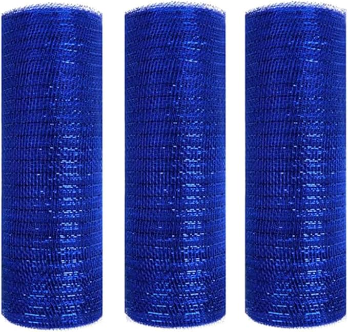 3 Rolls Royal Blue Deco Mesh Ribbon for Wreath Making Supplies, 10 Inch x 30FT Metallic Foil Burlap Deco Mesh Fabric for DIY Crafts 4th of July Christmas Door Wreath Swags and Decorating