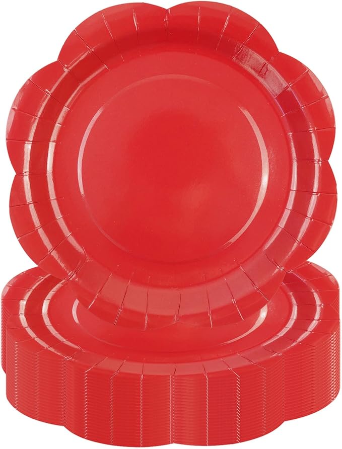 30 Pack Red Paper Plates 9 Inch, Disposable Scalloped Plates Cake Dessert Plate for Dinner Baby Shower Wedding Bridal Shower Birthday Party Supplies (Red, 9 inch)