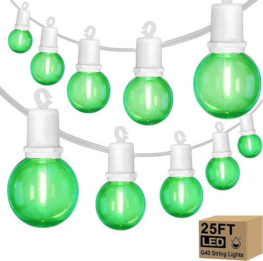 G40 LED St. Patrick's Day String Lights Outdoor, 25Ft St Patricks Decorations Lights Outdoor with Clear Green Round Bulbs, Hanging Patio Lights Shatterproof for Indoor Home Decor Party, White Wire