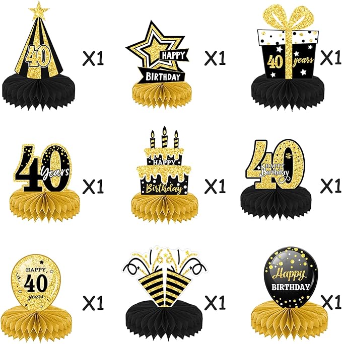 9Pcs Black Gold 18th 21th 30th 40th Honeycomb Decorations - Happy Birthday Decorations, Birthday Table Centre Decorations, Party Table Decorations, Table Decorations Centrepiece (40)
