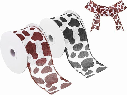 PATIKIL 2 Rolls Cow Print Ribbon Set, 10 Yards Grosgrain Animal Print 2.5" Width Western Farmhouse Ribbons for Gift Wrapping, Party Decorations, DIY Crafts, Black/Brown