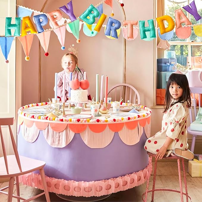 Pre-Strung Happy Birthday Banner - Felt Ball Garland, Rainbow Party Decorations, HAPPY BIRTHDAY Garland, Personalized Birthday Sign for Birthday Decor, Party Decor, Photo Prop (Macaron Colors)