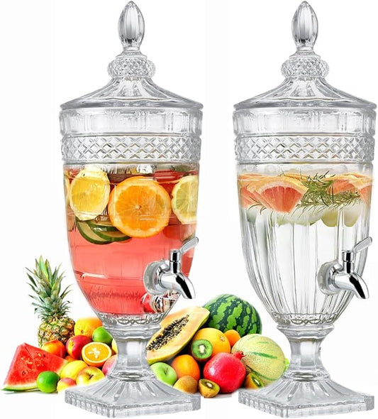 2Pcs Drink Dispensers for Parties, 0.8 Gallon Glass Beverage Dispenser with Glass Lid and Stainless Steel Spigot, Clear Crystal Beverage Dispenser for Parties, Weddings and Bar Decoration (2 PCS)