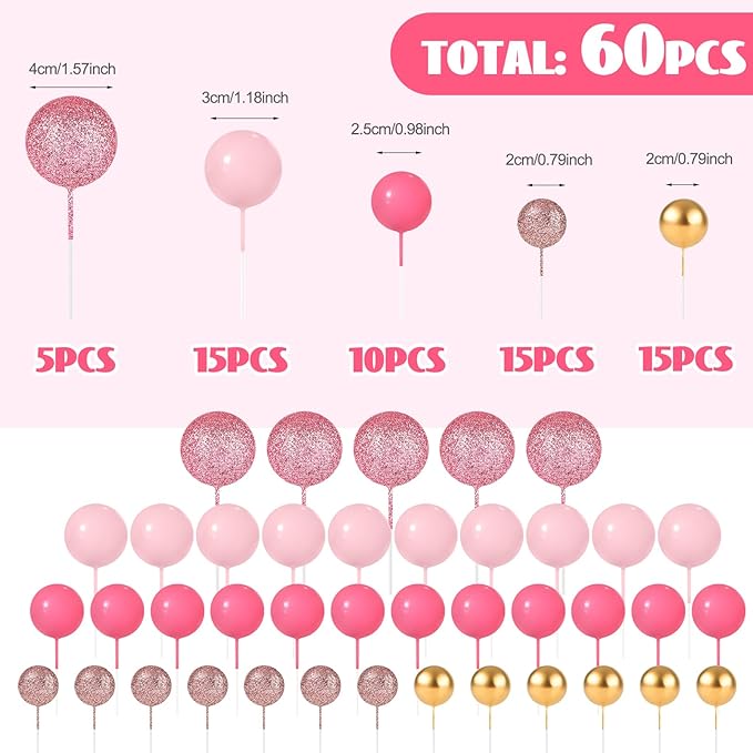 60Pcs Glitter Cake Balls Decorations Foam Cake Topper Balls Mini Balloon Cupcake Toppers for Cake Decorating Birthday Baby Shower Party (Glitter Pink Series)