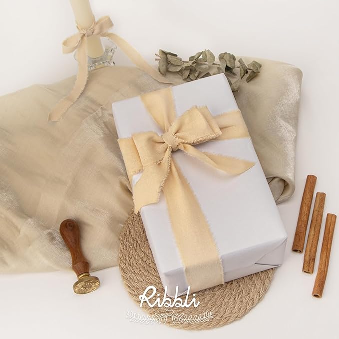Ribbli 3 Rolls Nude Ribbon 5/8 Inch x 18Yards Beige Handmade Cotton Frayed Fringe Ribbons for Gift Wrapping Wedding Invites Bridal Bouquets Baby Shower DIY Crafts Home Decor
