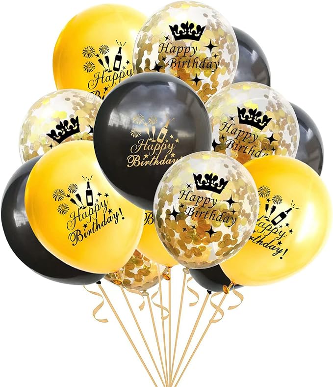 SHUNTAI Happy Birthday Balloons Black and Gold Party Decorations Latex Gold Confetti Balloon Printed Happy Birthday for Women Men Girls Boys Theme Birthday Party Decor Supplies 15 Pack 12 Inch