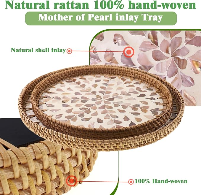 Round Rattan Tray with Mother of Pearl Inlay, Handwoven Wicker Coffee Table Serving Basket Tray for Fruit Snack Party Picnic Cafe Bedroom Kitchen Home Decor Set of 2 (Apricot Willow)