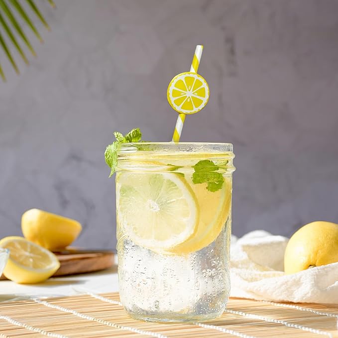 60 Pcs Lemon Paper Straws, Yellow Striped Drinking Straws for Lemonade Stand Party Supplies Disposable Lemon Straw for Cocktails, Juice, Shakes, Summer Fruit Theme Birthday Decorations