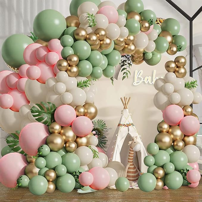Sage Green Pink Balloons Garland Kit,133pcs Olive Green Blush Pink Sand White Metallic Gold Balloons for Bridal Shower Wedding Birthday Jungle Safari Woodland Party Decorations…