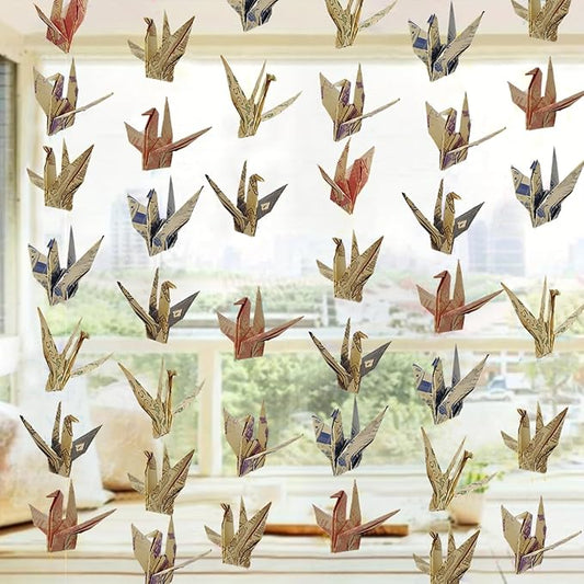 Vintage Crane Paper Hanging Garlands(3stringsX 6.2ft), Retro Newspaper Origami Birds Streamers for Bridal Shower, Baby Shower Birthday Party Supplies，Garden Ceiling Hanging Garland