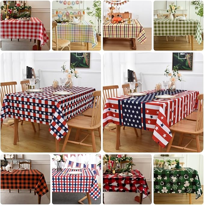 Waterproof Plaid Tablecloth Fabric - Oblong 52x70 Inch Patriotic Party Table Cloth for Indoor/Outdoor Use - Independence Day Memorial Day Washable Table Cover
