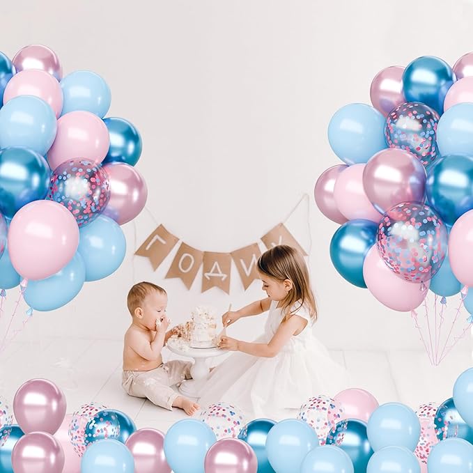 Pink and Blue Latex Balloons Set, 65Pcs 12 Inch Metallic Pink and Metallic Blue Balloons, Gender Reveal Balloons for Boy or Girl Gender Reveal Decorations Birthday Party Baby Shower Anniversary