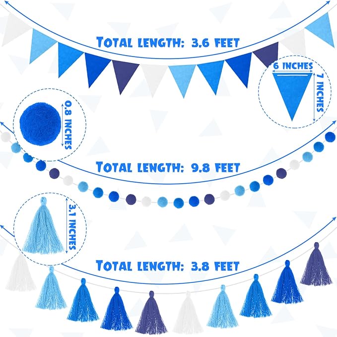 Irenare 9.8 ft Pom Pom Garland Felt Rainbow Garland 2026 Graduation Party Decoration Colorful Pennant Tassel Banner Back to School Birthday Triangle Banner for Classroom School Mantel(Blue)