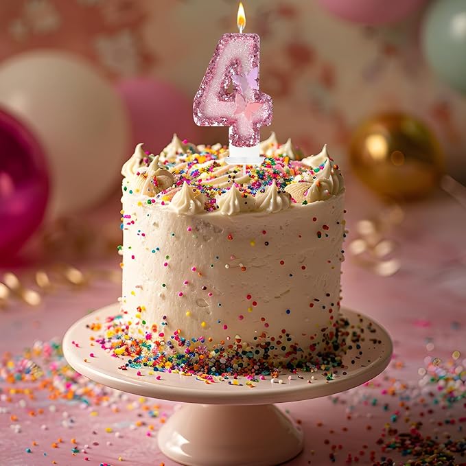 4th Birthday Candles，Glitter Butterfly Cake Toppers Pink Sequins Wedding Numeral Cupcake Decorations，Suitable for Girl and boy Wedding Cakes, Party Celebrations, Birthday Decorations