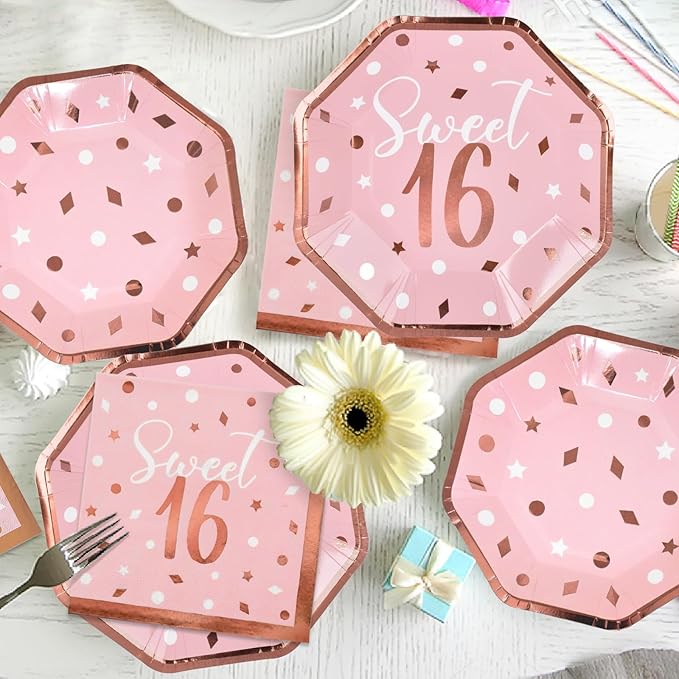 Rose Gold & Pink Sweet 16 Birthday Bundle: Party Supplies Set with paper Plates, Napkins, Cups, Tablecloth & Banner - Sweet Sixteen Decorations, Party Favors ，Serves 25