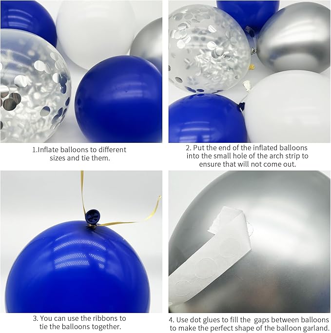 Blue and Silver Balloons Garland Arch Kit, 156 Pack Royal blue and White Silver Confetti Balloons 18" 12" 10" 5" with Starburst Foil Balloons For Birthday 2024 Graduation Party Decorations