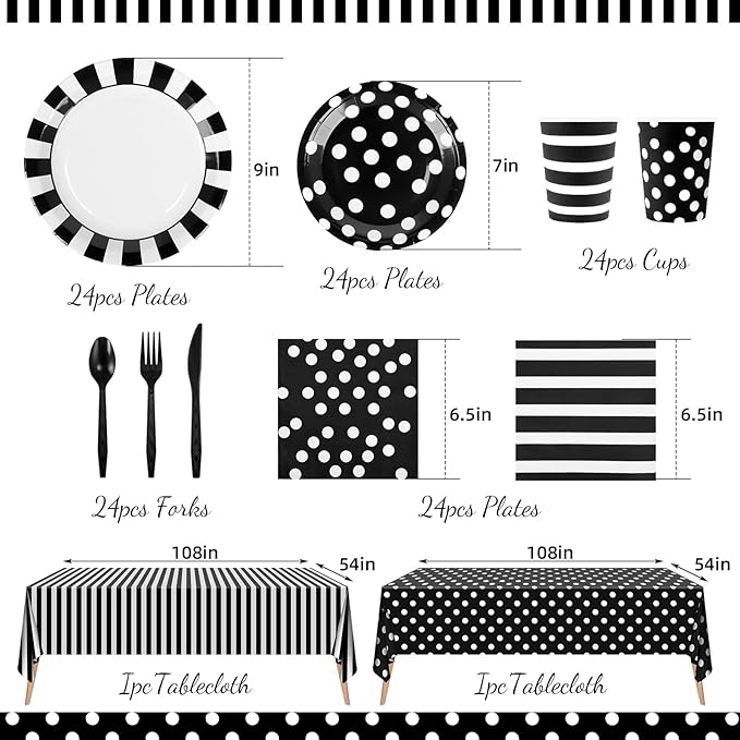 170Pieces Black and White Party Supplies Disposable Paper Plates Napkins Cups Knives Spoons Forks Plastic Tablecloths For Wedding Baby Bridal Shower New Years Decor Serve 24