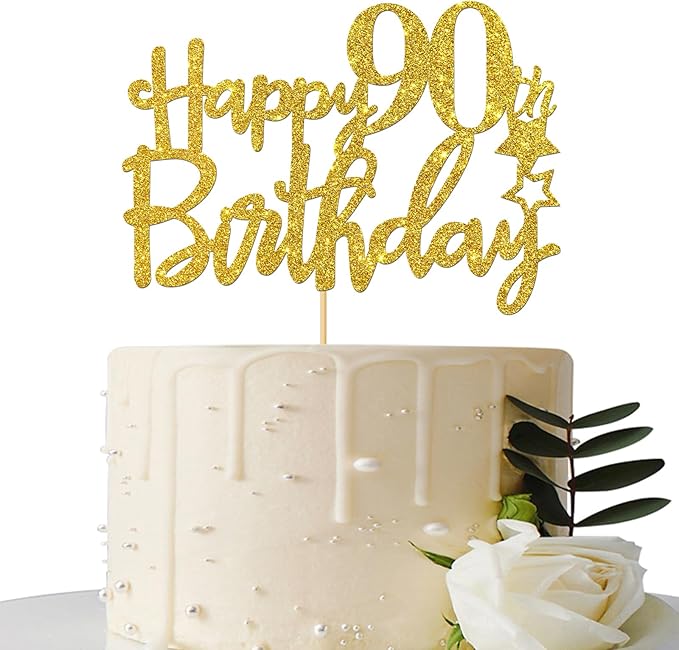 Gold Glitter Happy 90th Birthday Cake Topper - 90 Sign Cake Topper - Cheers to 90 Years Party Supplies - 90th Birthday Party Decoration
