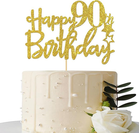 Gold Glitter Happy 90th Birthday Cake Topper - 90 Sign Cake Topper - Cheers to 90 Years Party Supplies - 90th Birthday Party Decoration