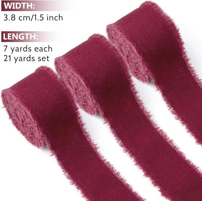 Burgundy Cotton Linen Ribbon 1.5" x 21 Yds - Boho Vintage Rustic Ribbon for Gift Wrapping, Wedding Invitations, Bridal Bouquets & DIY Crafts