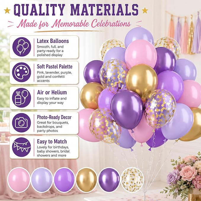 Pink and Purple Balloons, 60PCS Pastel Purple and Pink Balloons, 12 Inch Metallic Gold Confetti Latex Balloon for Women Girls Baby Shower Bridal Shower Birthday Butterfly Party Decor