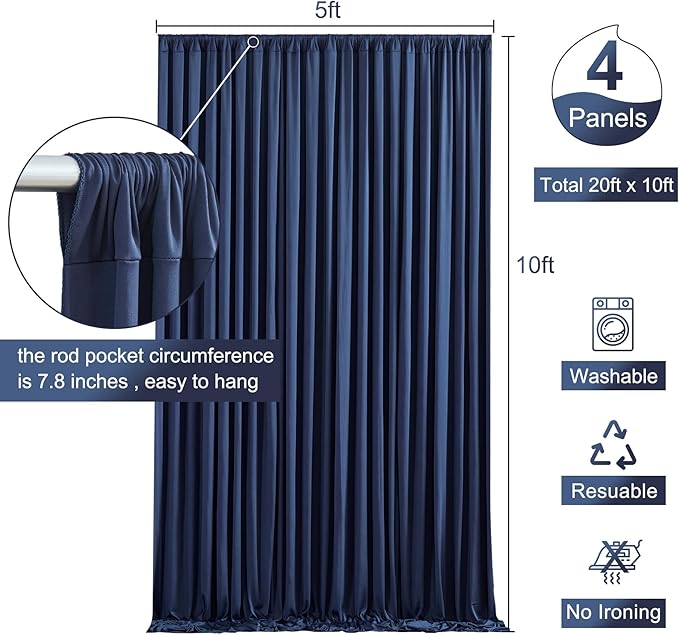 20ft x 10ft Wrinkle Free Navy Blue Wedding Backdrop Curtains for Party Bridal Shower Reception Decorations Navy Blue Fabric Curtain Backdrops Drapes for Photography Baby Shower Birthday Background