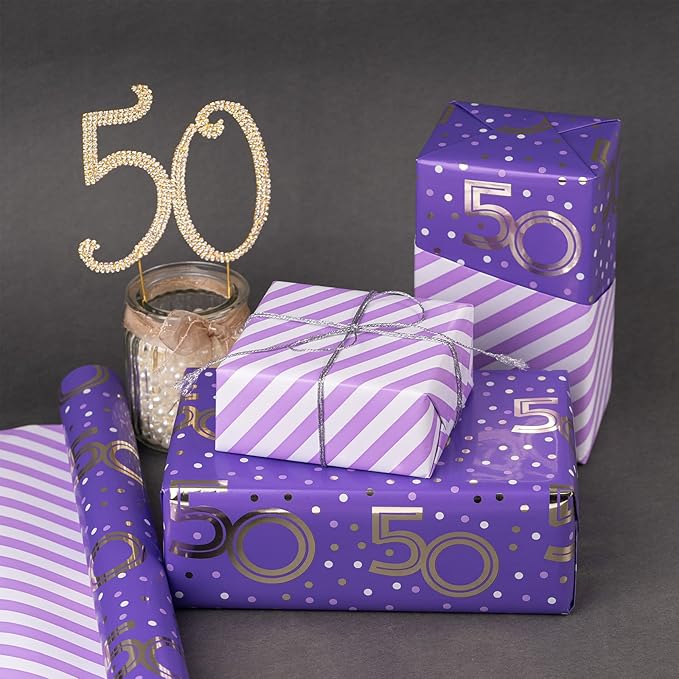 MAYPLUSS Reversible Birthday Wrapping Paper Roll - Mini Roll - 17.3 Inch X 32.8 Feet - Purple 50th Birthday with Glitter Metallic Foil/Stripes (47.3 sq.ft.ttl)