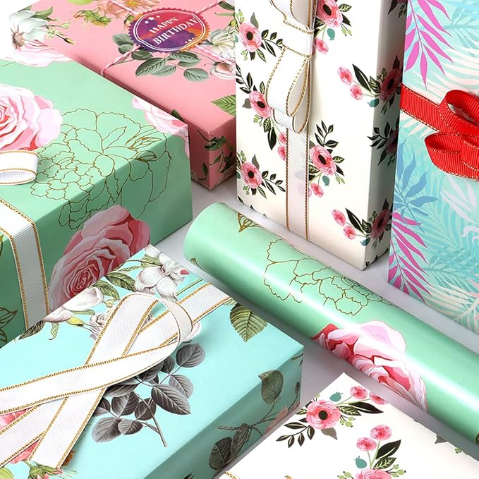 Gift Wrapping Paper Girls Women, 12 Sheets Floral Birthday Wrapping Paper, Pink Green Colorful Folded Gift Wrapping Paper for Birthday Valentines Day Bridal Shower Mother's Day, 19.6 x 27.5 Inches