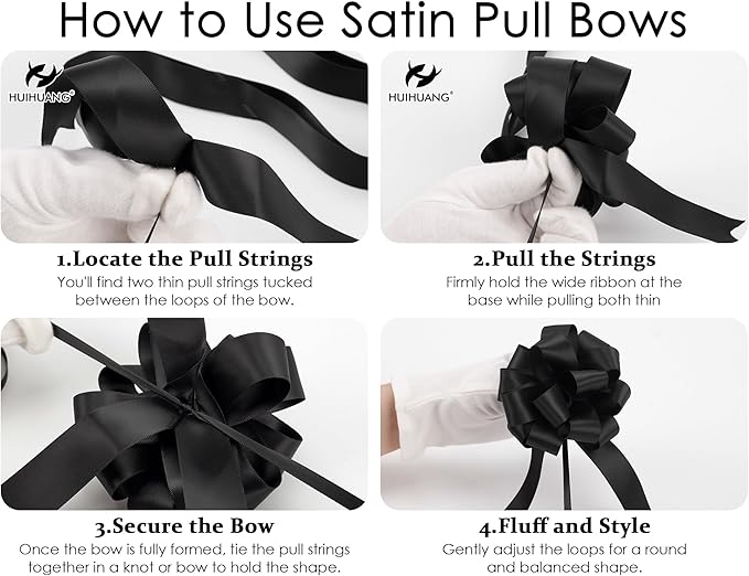 HUIHUANG Black Bows for Gift Wrapping 12 PCS Black Satin Pull Bows 4 inch Gift Bow for Presents, Gift Basket, Paper Bag, Wrapping Accessories, Birthday Wedding Party, Christmas Decor