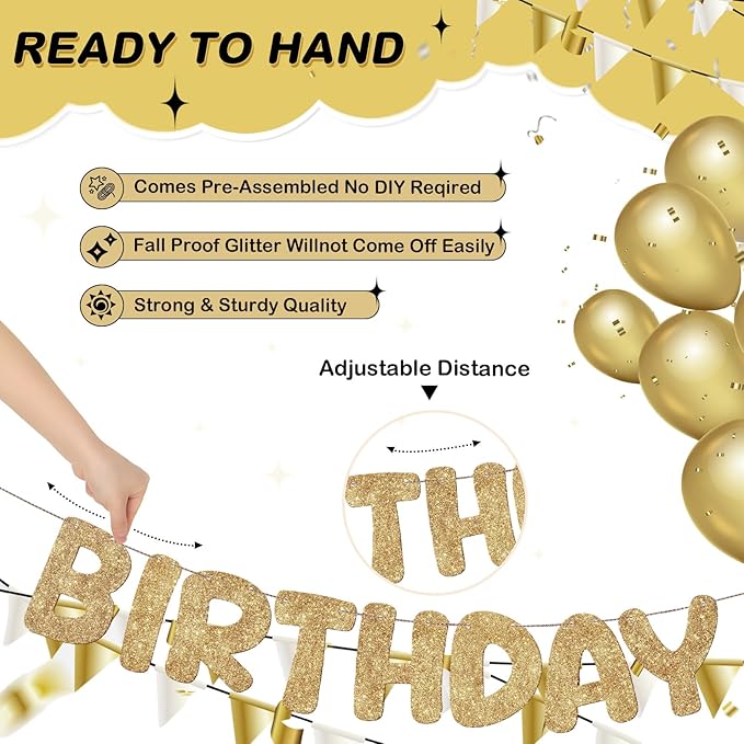 Fulmoon Glitter Pre Strung Happy Birthday Banner No DIY Party Decorations Happy Birthday Sign Decor for Men Women Boy Girls Backdrop(Champagne Gold)