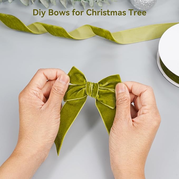 Olive Green Velvet Ribbon for Gift Wrapping, 3 Rolls Vintage Thin Velvet Ribbon Set for Christmas Tree Decoration, 3/8, 5/8, 1 inch Wide, 30 Yards Totally, Thick Christmas Ribbons for Bow Ornaments