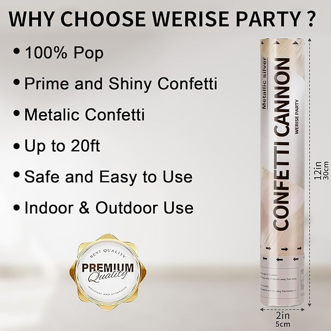 Silver Confetti Poppers Cannon, 6 Pack WERISE Party Mylar Silver Confetti Shooters for Wedding, Birthday, Graduation, New Year and Celebration 12 Inch