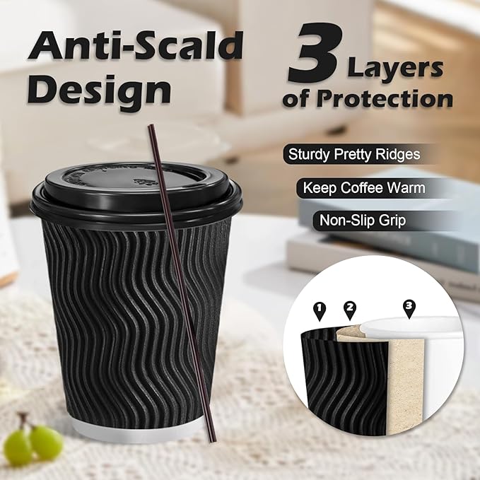 Lamosi 10 oz Disposable Coffee Cups with Lids, 50 Pack Insulated Hot Cups To Go Paper Coffee Cups with Lids and Straws, Corrugated Ripple Wall Cup for Hot Drink, Office, Coffee Bar (Black)