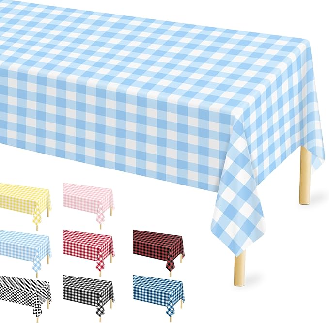 12 Pcs Light Blue Checkered Tablecloth 54 ×108 Inches Rectangle Blue Gingham Tablecloth Disposable Plastic Waterproof Table Cover for Outdoor Picnic, Kitchen, Holiday Birthday Party