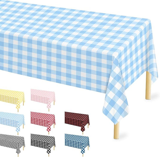 12 Pcs Light Blue Checkered Tablecloth 54 ×108 Inches Rectangle Blue Gingham Tablecloth Disposable Plastic Waterproof Table Cover for Outdoor Picnic, Kitchen, Holiday Birthday Party