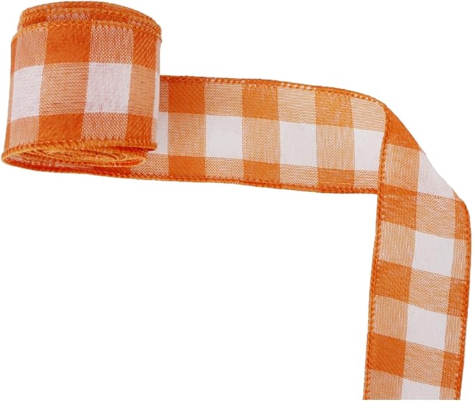 Meseey 1.5 Inch Fall Burlap Wired Ribbon Set, 2 Rolls Total 10 Yards Solid Orange & Orange White Buffalo Check Wired Edge Ribbon for Wreaths, Bows, Gift Wrapping, Thanksgiving & Halloween Decor
