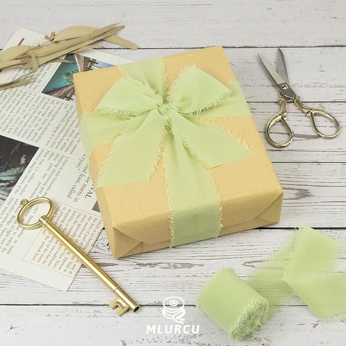 Lily Green Chiffon Ribbon - 1 1/2 Inch x 21 Yards, Handmade Fringe, Silk, Boho Frayed, Green for Weddings & Gift Wrapping