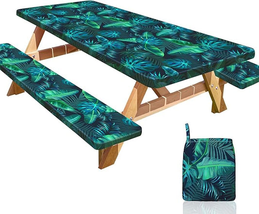 Picnic Table Cover with Bench Covers Portable Table Cloth Built-in Storage Pocket Fitted Tablecloth with Elastic Edges Waterproof Camping Essentials for Indoor Outdoor Rv,72in,Teal