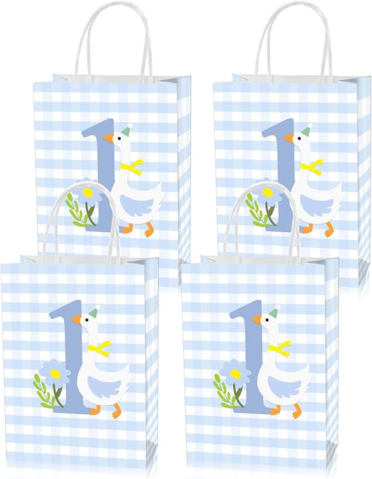 Roselush 16 Pcs Goose 1st Birthday Goodie Bag,Blue Gingham Goose 1st Bday Gift Snacks Treat Candy Party Favors Bags for Boys First Birthday Party Decorations Supplies