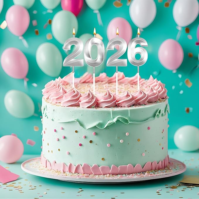 Graduation Candle 2026, 4 Pcs 3D Visual 2025 Silver Number Candles for Graduation Cake Decorations, Class of 2026 Cake Topper, 20, 22, 26, 60, 62 Birthday Candles Happy Birthday Cake Toppers