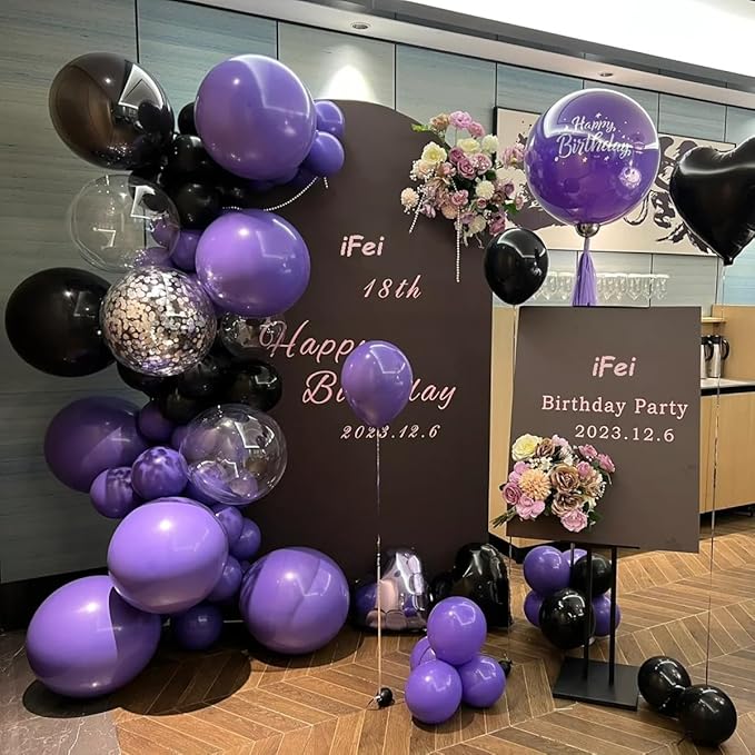 MEBAY Black Purple and Silver Balloons Arch Kit, 146 Pcs Matte Black Light Purple Confetti Chrome Silver Balloons for Graduation Birthday Party Baby Shower Wedding Decorations