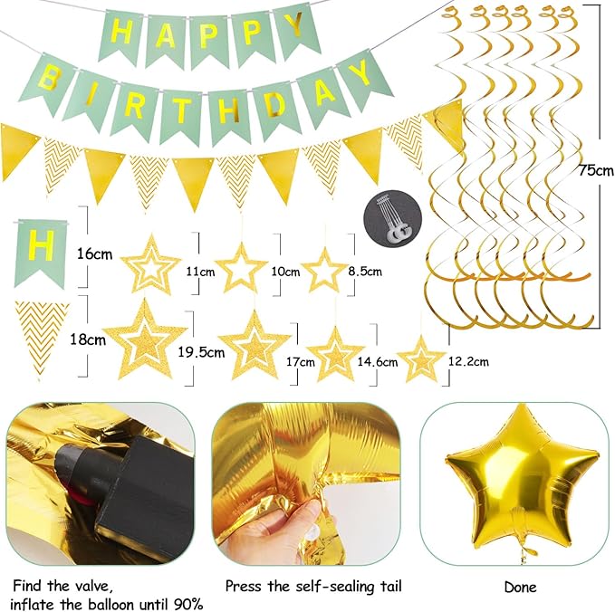Green Gold Birthday Decorations, Happy Birthday Banner and Gold Star Balloons, Glitter Hanging Stars with Hanging Swirls, Bunting Banner, for Women Men Boys Party Decoration