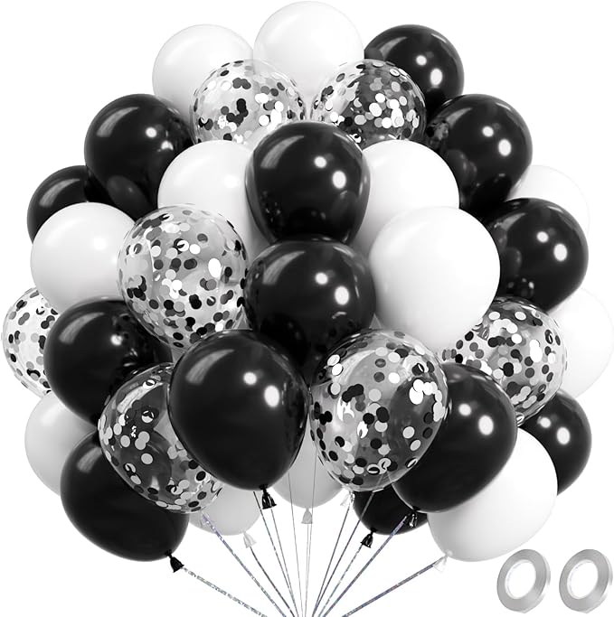 Metallic Shiny Black and White Balloons 12 Inch 67PCS White Black Confetti Balloons Latex Helium Balloon Set for Graduation Anniversary Birthday Party Decorations