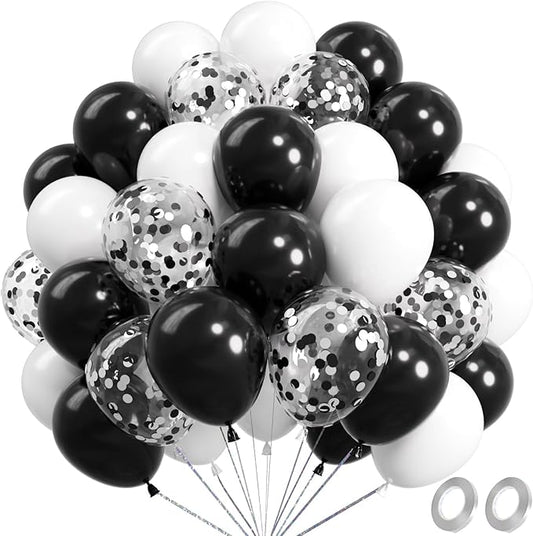 Metallic Shiny Black and White Balloons 12 Inch 67PCS White Black Confetti Balloons Latex Helium Balloon Set for Graduation Anniversary Birthday Party Decorations