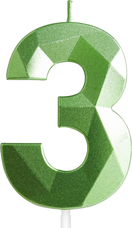 Yiran Number 3 Candles,3rd Birthday Candles,Green Happy Birthday Candle for Cake,3D Design Cake Topper Decorations for Girl Women Pet Birthday Party Wedding Anniversary Celebration Supplies