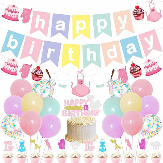 Baking Birthday Party Decorations Macaron Happy Birthday Banner Bakery Garland Baking Tool Cake & Cupcake Toppers Rainbow Latex Balloons for Girls Little Baker Birthday Party Supplies