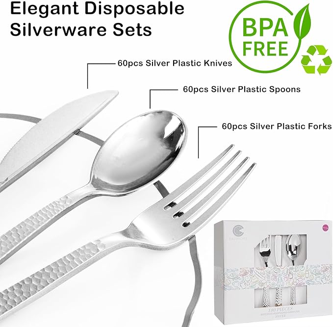 Supernal 180Pcs Silver Plastic Silverware Set, Elegant Hammered Design Heavy Duty Disposable Cutlery, Includes 60 Forks, 60 Knives, 60 Spoons,Silver Plastic Utensils for Wedding, Parties,Events